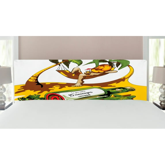 Beach Headboard, Image of Young Man in Hammock and Message in a Bottle at Beach Design, Upholstered Decorative Metal Bed Headboard with Memory Foam, King Size, White Green Yellow, by Ambesonne