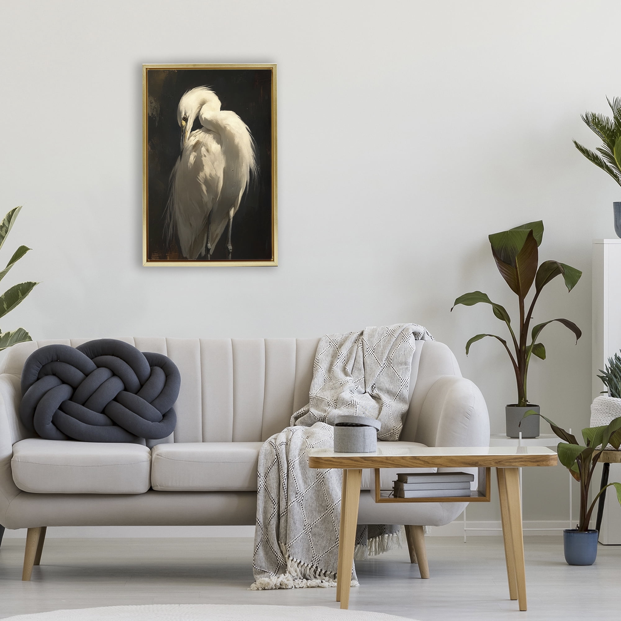Stupell Industries Feathered Egret in Soft Light Gold Framed Floater Canvas Wall Art, design by Petal Prints Design