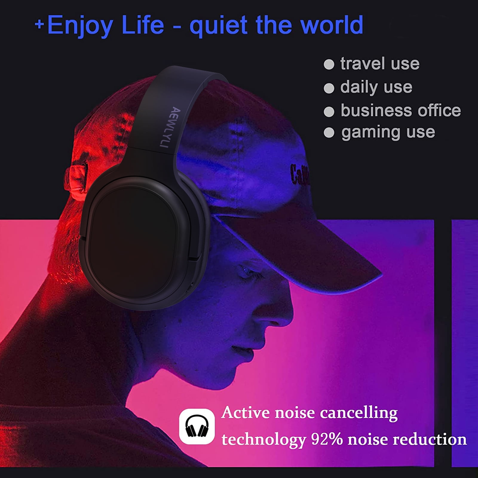 AEWLYLI Noise Cancelling Headphones, Foldable Over Ear Stereo Headset with Microphone, S31 Black