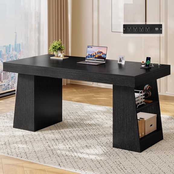 55.9" Executive Desk with Power Outlets, Modern Computer Desk with Storage Shelves, Workstation Table for Home Office, Black