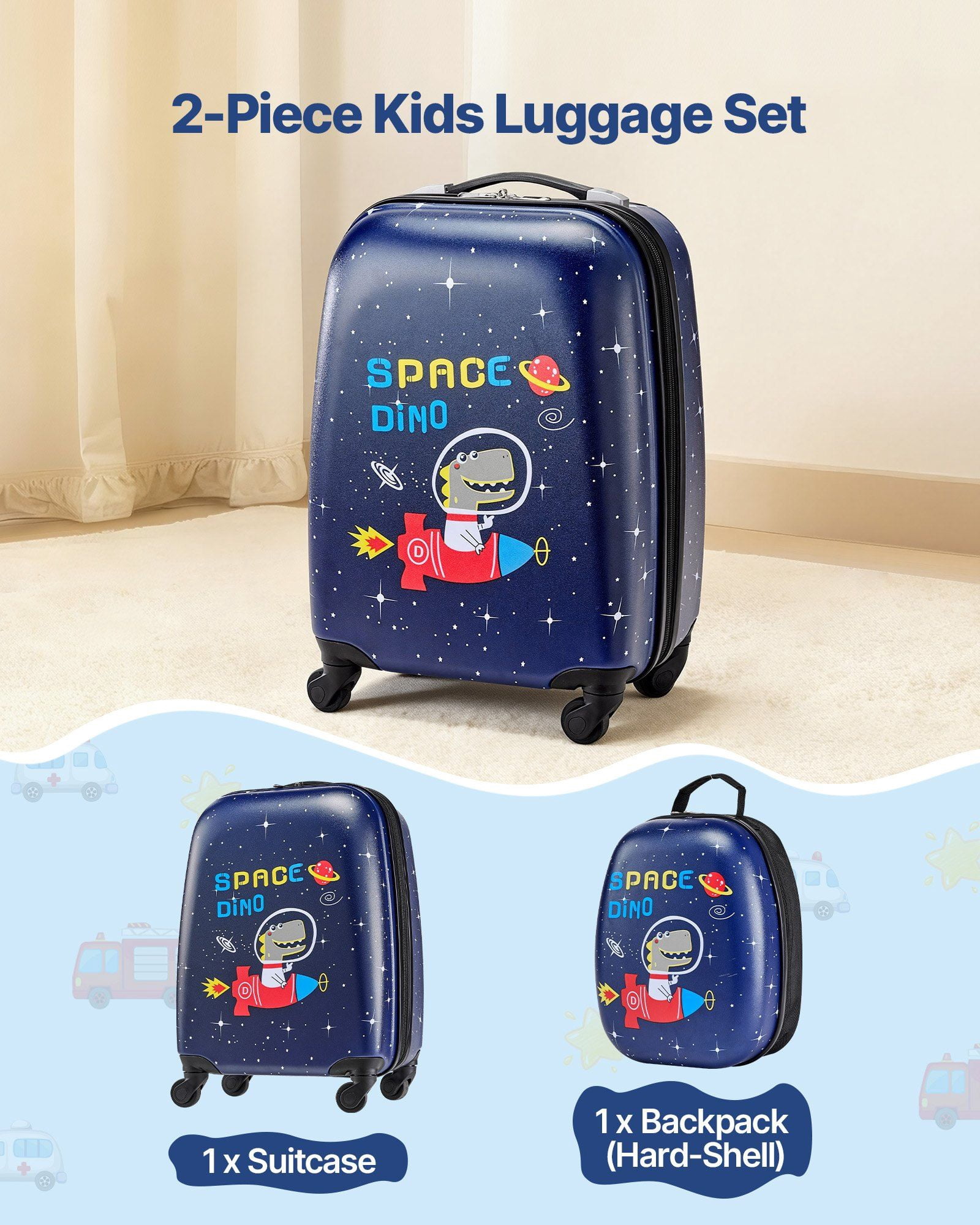 Dinosaur Kids Luggage Set 2 Piece 18 Inch Hardside Rolling Suitcase with Backpack Airline Approved Carry On Holiday Birthday Gift for Boys and Girls