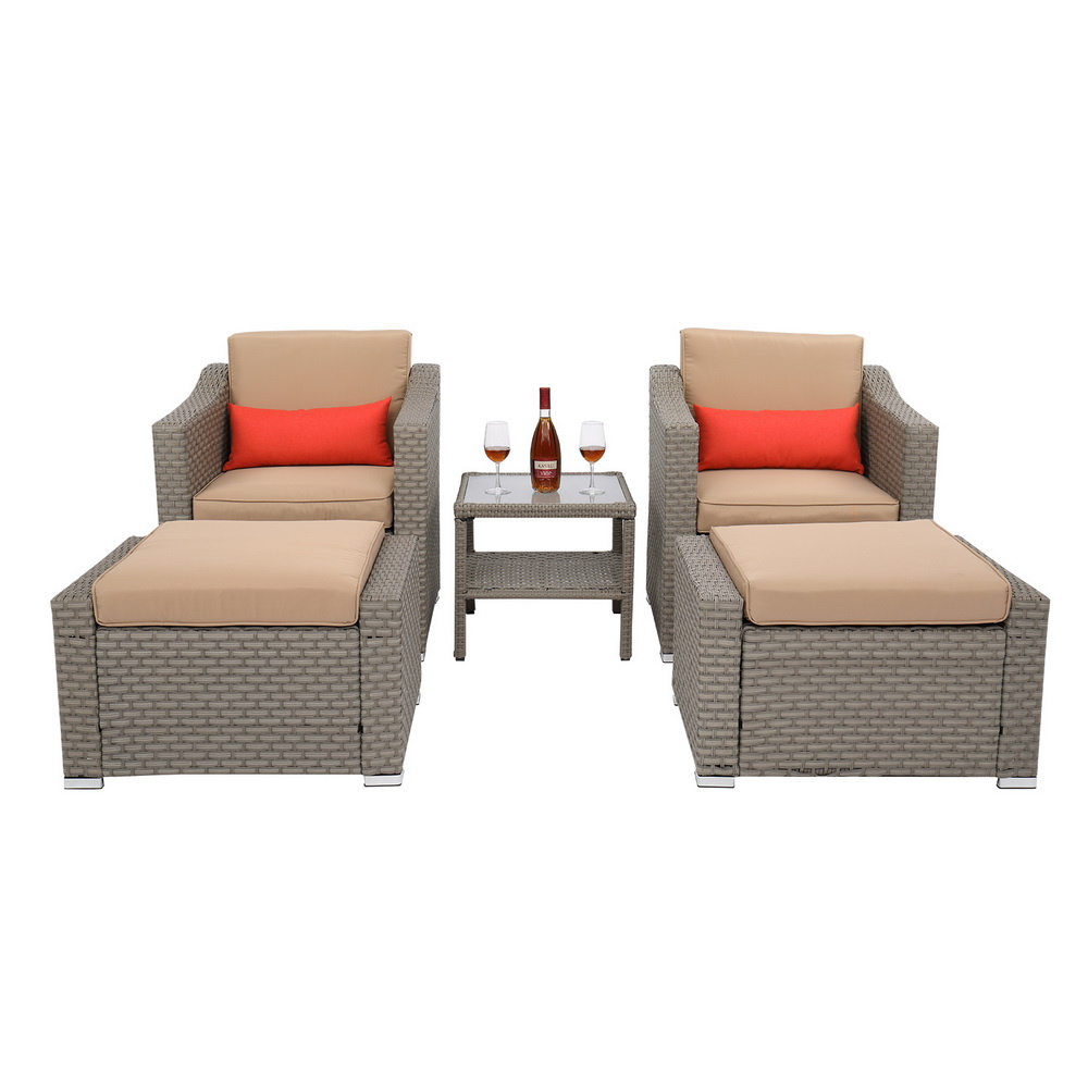 Wicker Patio Bistro Set, 5 Piece Outdoor Lounge Chair Conversation Set with 2 Cushioned Chairs, 2 Ottomans, Side Table, PE Wicker Rattan Patio Furniture Set for Backyard, Porch, LLL360 - image 1 of 10