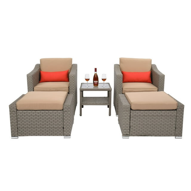 Wicker Patio Bistro Set, 5 Piece Outdoor Lounge Chair Conversation Set with 2 Cushioned Chairs, 2 Ottomans, Side Table, PE Wicker Rattan Patio Furniture Set for Backyard, Porch, LLL360