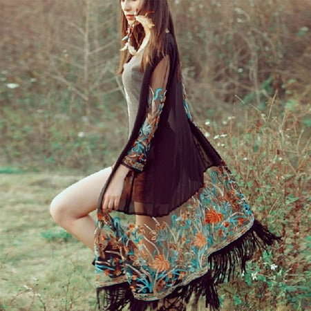 Cheetah Print Cardigan - Vintage Women Long Sleeve Tassel Cardigan Printed Kimono Chiffon Long Blouse Top