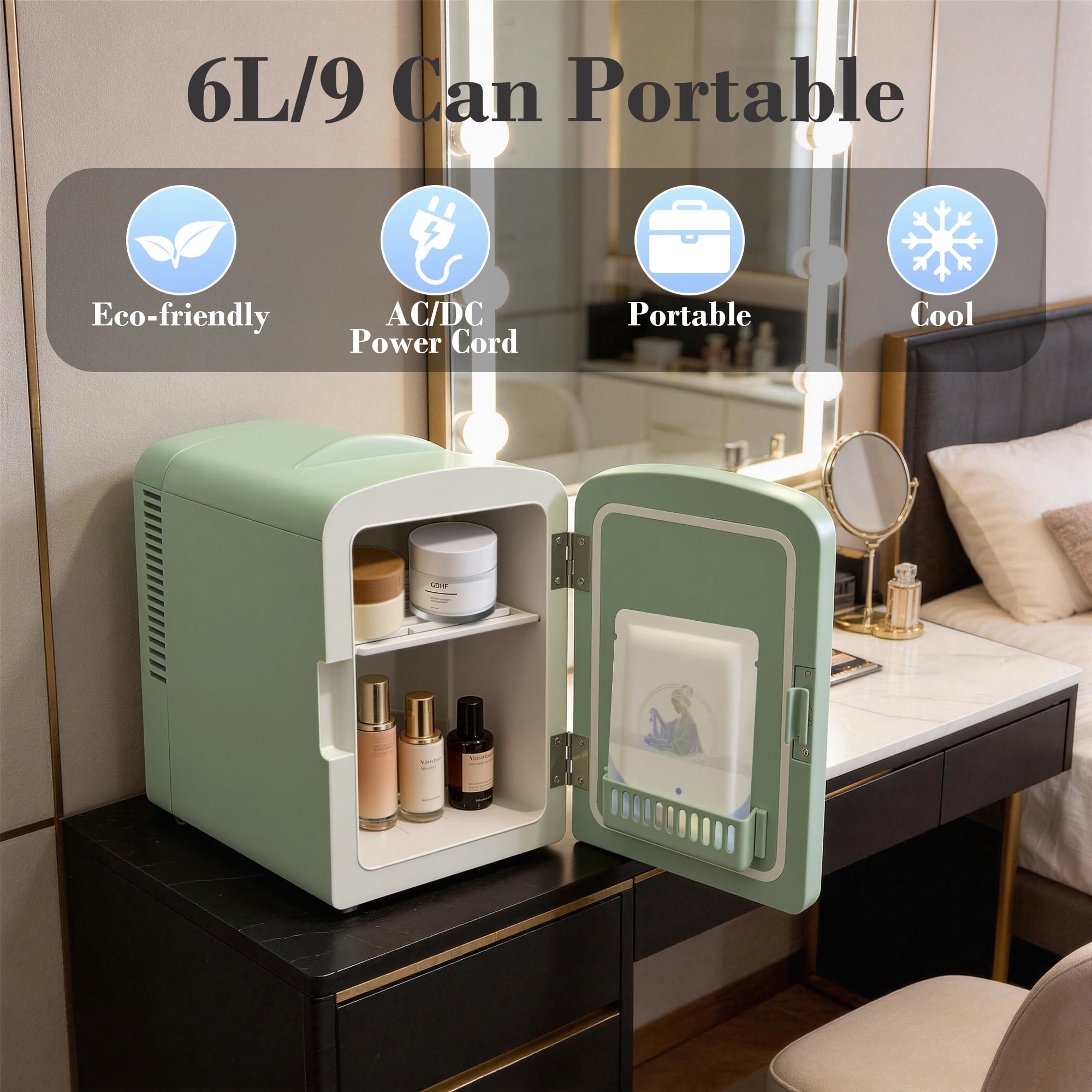 iceBlue LED Mirror Skincare Refrigerator- 6L Mini Fridge for Makeup & Drinks - Car/Home Portable Cooler