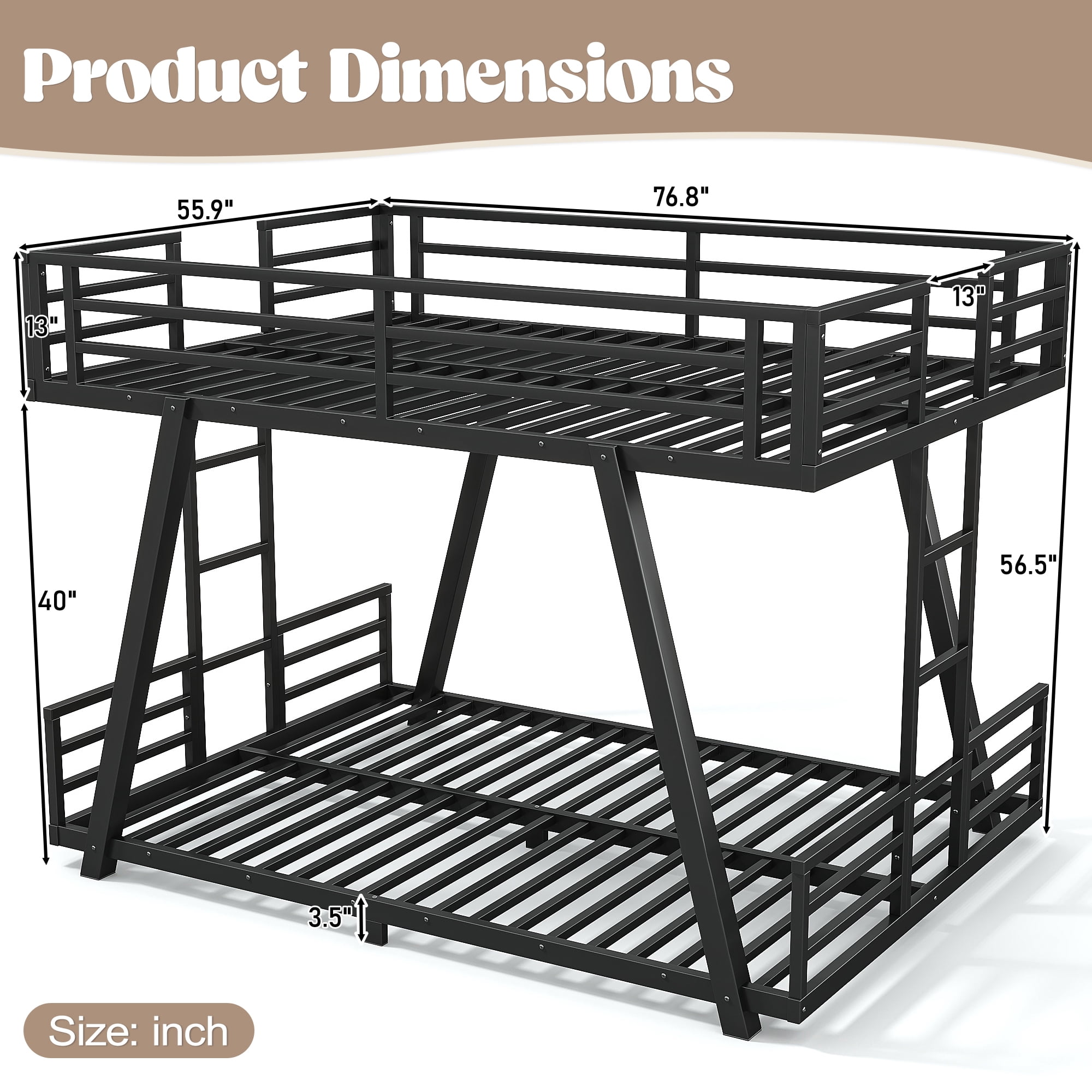 Leumius Full over Full Bunk Bed Frame with 2 Side Ladders, Metal Bunk Bed with Spdcial Support Leg Design and LED Light, Low Profile Bunk Bed for Teens Adults Black