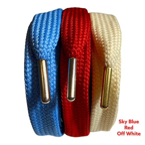 Wide 3/4 inch Shoelaces 45" Length Red w/ Silver Tips, North Carolina Blue w/ Silver Tips and White w/ Gold Tips.  New from the 80's. STRINGS Shoe Lace Co