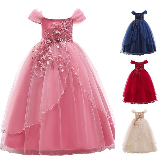 FINALGANG Girls Kids Off Shoulder Puff Short Sleeve 3D Floral Applique Tulle A Line Long Formal Dress Loose Flared Fit For Wedding Flower Girl Pageant Stage Performance Outings 4-5 Years
