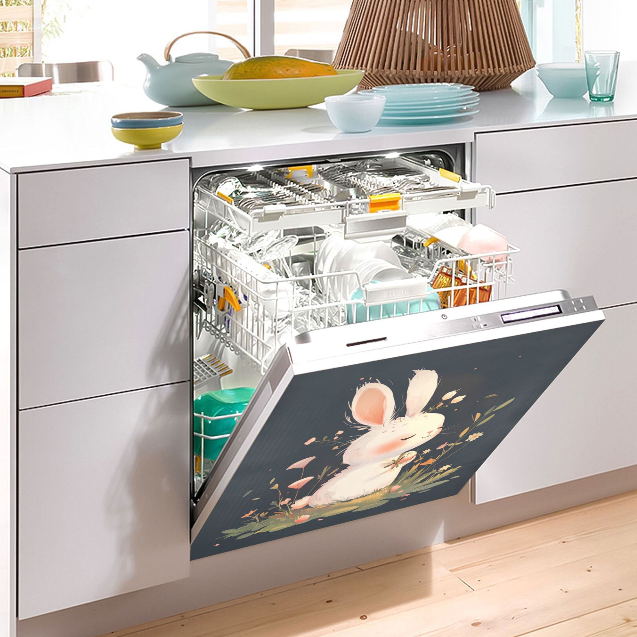 Dishwasher Magnetic Sticker 23x26 Inch Refrigerator Magnetic Sticker Washing Machine Magnetic Sticker Kitchen Panel Magnetic Sticker Home Decor Lovely Cartoon White Rabbit
