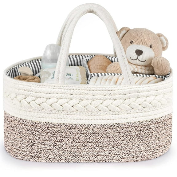 Diaper Caddy Organizer, Large Cotton Rope Nursery Baby Basket, Changing Table Organizer for Baby Diaper Storage, Portable Car Organizer with Removable Divider, Baby Shower Gifts - White