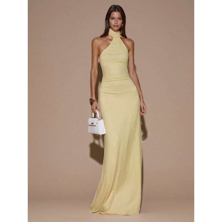 light yellow backless dress Womens Asymmetric Ruched Halter Maxi For Party Cocktail Formal Occasion Color:Caramel