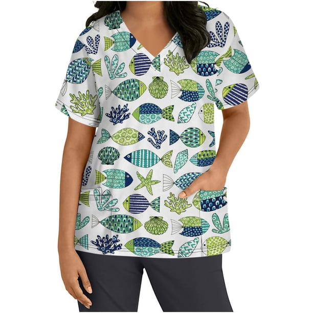 Tops de mujer Blusa de manga corta con cuello en V Uniforme de trabajo Estampado floral con blusa de tres bolsillos Pompotops hkajfhjk463428