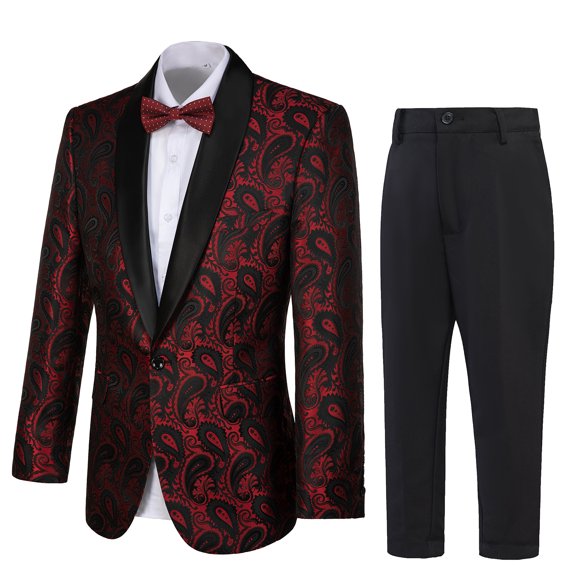 ETHAN Mens Suit 2 Piece Floral Tux Double Breasted Blazer Pants Bow Tie Set Red 3XL
