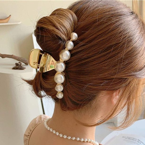 Pinzas para el cabello, pinzas para el cabello con perlas, pinzas para el cabello grandes, pinzas para el cabello doradas, accesorios metálicos para el cabello para mujeres y niñas (paquete de 2) JFHHH pequeña