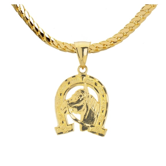 Men's Gold Plated Solid Horseshoe Pendant 24" Miami Cuban Chain Necklace MCP 016 G2