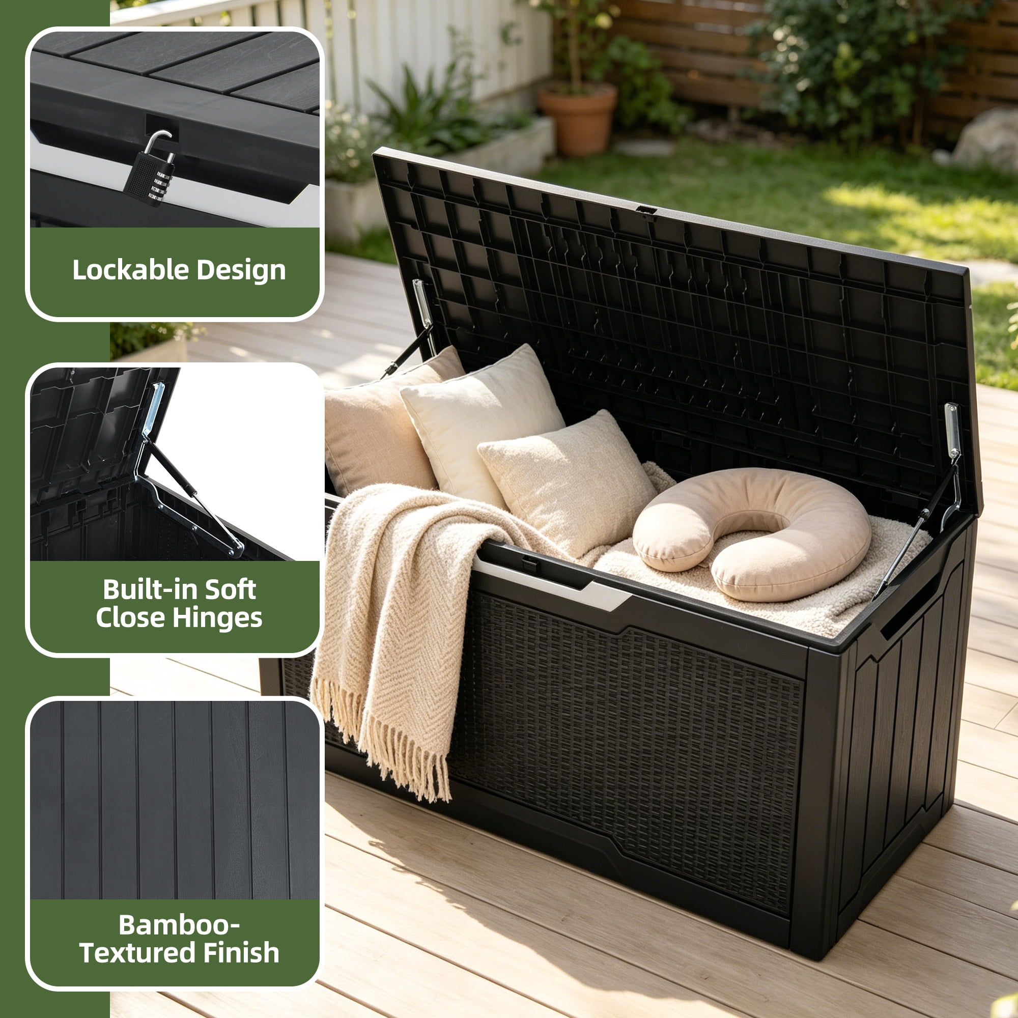 Uforic Rattan Deck Box, 80 Gallon Weatherproof Lockable Resin Outdoor Storage Box for Patio Cushions Garden Tools Equipment, Black