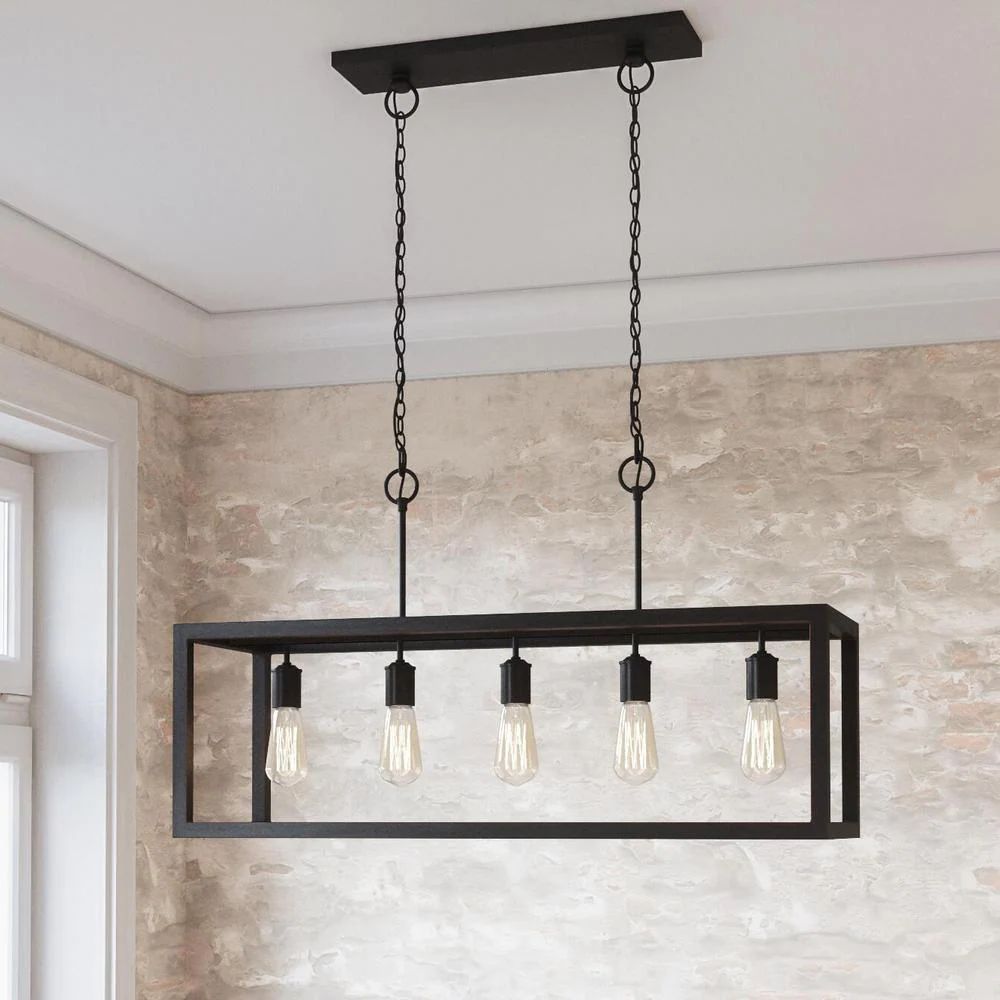 Hampton Bay Boswell Quarter 5-Light Black Industrial Linear Island Hanging Chandelier for Kitchen Islands and Dining - image 2 of 6