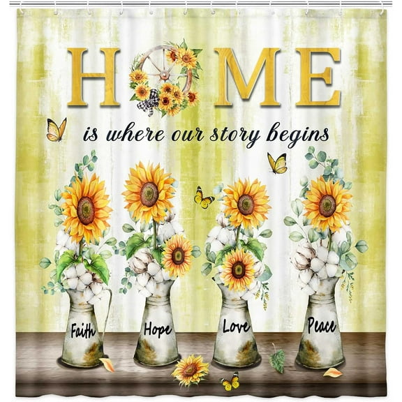 Rustic Farmhouse Shower Curtain, Vintage Cotton Floral Sunflower and Butterfly on Country Wooden Board Cloth Shower Curtains Bathroom Accessories with 12 Hooks, Tan Brown Yellow, 72X72in