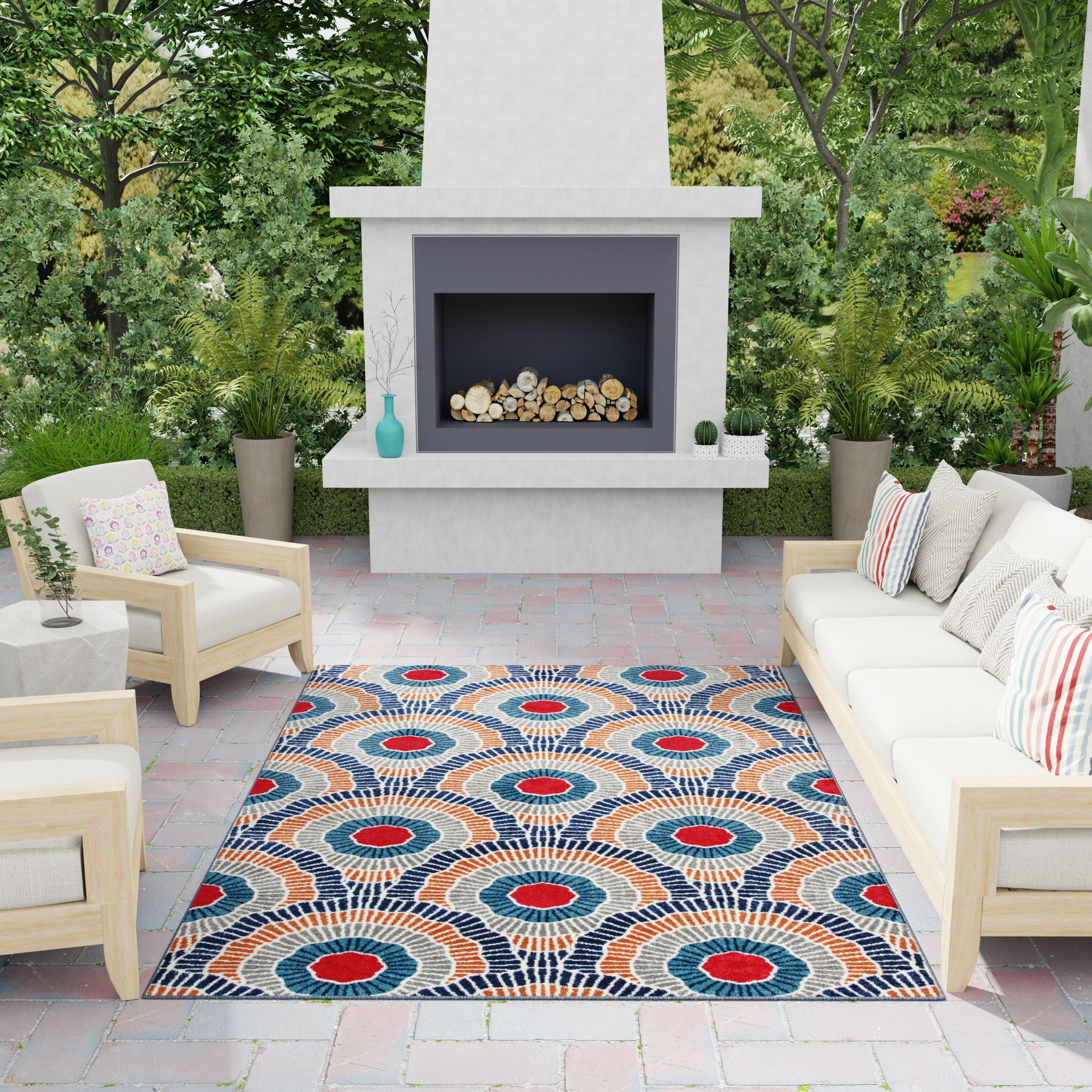 Loomaknoti Terrace Tropic Ferley 2' x 7' Abstract Indoor/Outdoor Runner Rug , Blue/Red