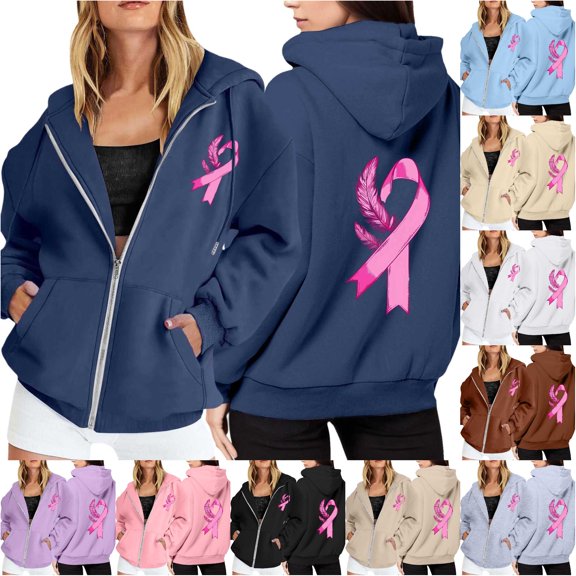 NinXxx Women's Cancer Awareness Zip Up Hoodie Pocket Drawstring Casual Sweatshirt Navy XXXL