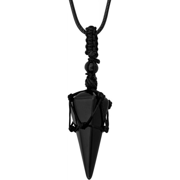 Black Obsidian Crystal Point Protective Amulet Pendant Necklace with Braided Cord, Spiritual Jewelry Gift for Men and Women