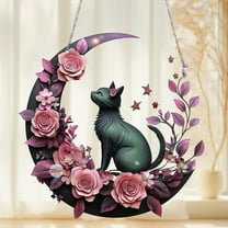 Vggrvlo Stained Glass Window Hanging Black Cat Decor On White Moon Suncatcher Housewarming Gift for Mom, Grandma for Halloween Decorations Outdoor, Birthday Gift for Mom