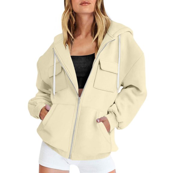 Zip Up Hoodie Women Y2K Long Sleeve Fall Jacket with Pocket 2025 Lightweight Comfort Travel Cargo Sweatshirts Hoodies Beige 2XL