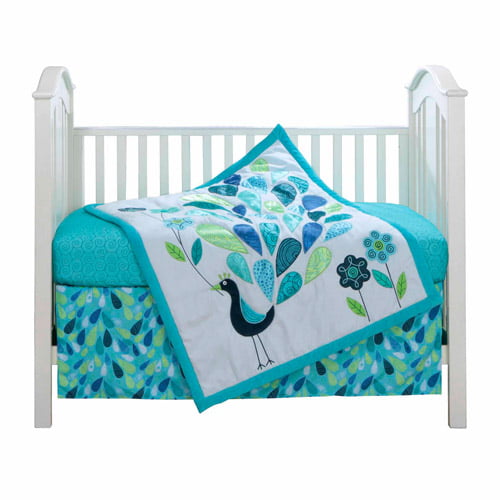 Handcrafted Cotton crib sheet/pillowcase Peacocks/green/blue 