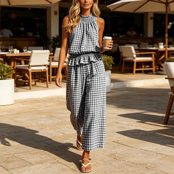 BRELIL Women High Neck Sleeveless Peplum Top Wide Leg Pants Two Piece Set Plaid Boho Vacation Casual Loose 2 Piece Travel Outfit, Black S