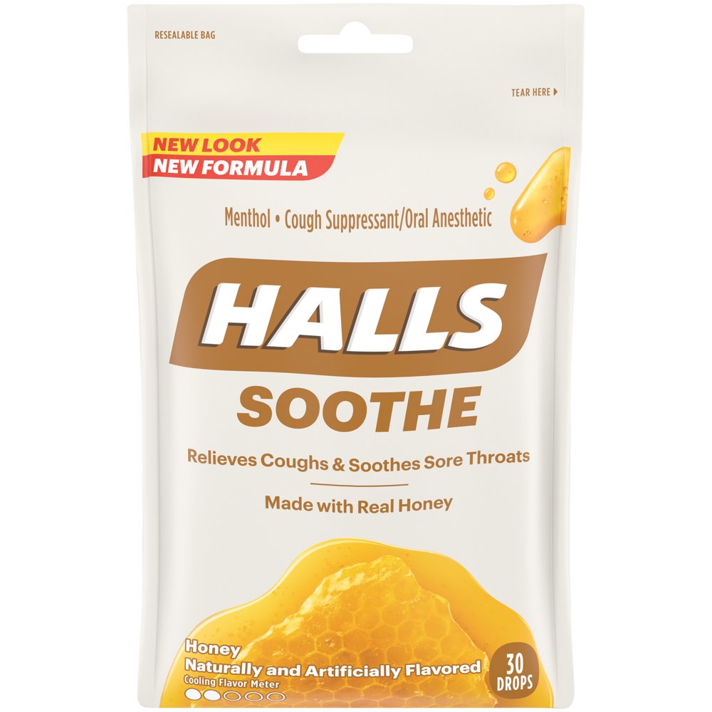 HALLS Soothe Honey Menthol Flavor Cough Drops, 1 Bag (30 Total Drops