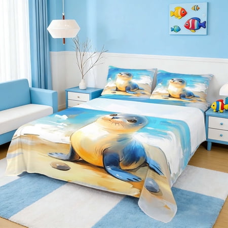 Manfei Watercolor Cute Baby Seal Full Size Sheets for Kids Boys and Girls Ocean Animal Print Bed Sheets 4-Piece 1 Flat Sheet 1 Fitted Sheet and 2 Pillowcases