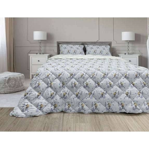 Horse Comforter & Sham Bedding Set, Animal Pattern Surrounded by Flower Details, 3 pcs Duvet Set Microfiber Filling Quilt, 5 Sizes, Lavender Blue Tan, by Ambesonne