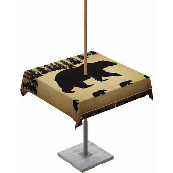 Lsrtoss Outdoor Tablecloth with Umbrella Hole & Zipper, Black Brown Bear Square Tablecloth 54x54 Inch, Farmhouse Forest Vintage Cabin Patio Table Cover Waterproof Table Cloth for Picnic/Party