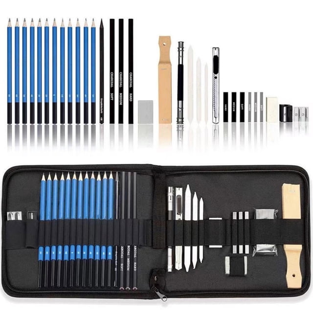 yeacher Portable 32-Piece Art Sketching Kit with Colored Pencils, Charcoal, and Accessories for Beginners and Professionals