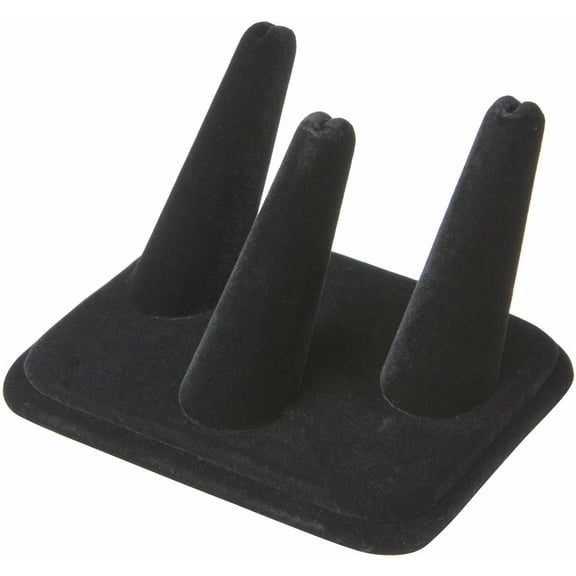 Plymor Black Velvet Ring Finger Display, Three on Rectangular Base, 4.125" W x 3.25" D x 2.25" H