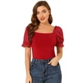 thumbnail image 1 of Unique Bargains Blouse Élégante à Manches Bouffantes pour Femmes, Col Carré, Rouge L, 1 of 6