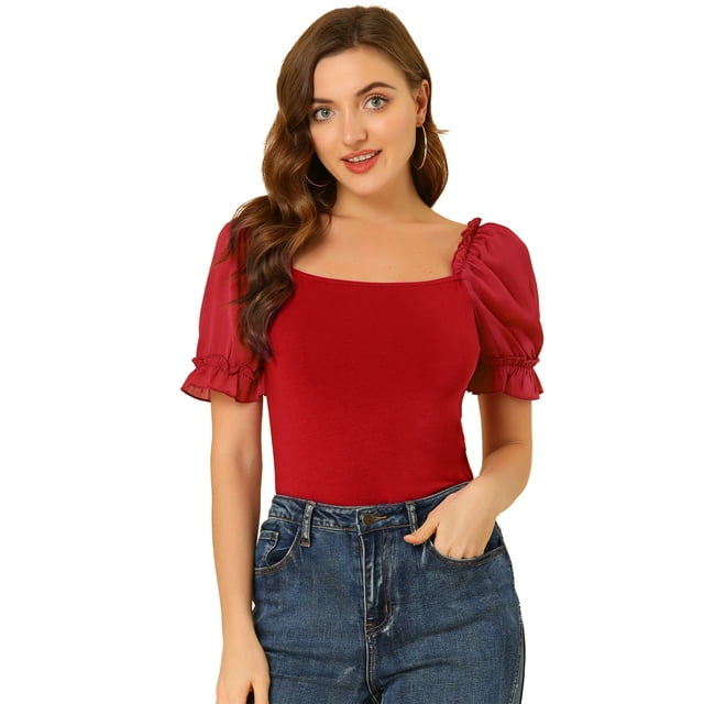 Unique Bargains Blouse Élégante à Manches Bouffantes pour Femmes, Col Carré, Rouge L