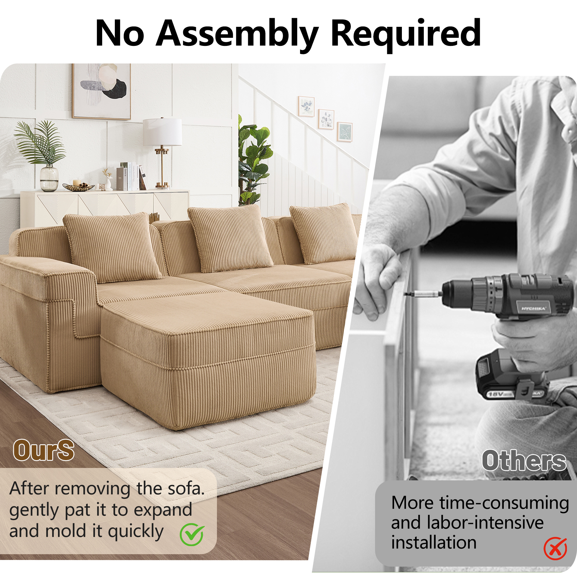 Modular 2 Seat Loveseat Boneless Sofa, Cloud Sectional Couch with Deep Seat, Modern Modular 2-Seat Sofa Couch with Throw Pillows Corduroy Fabric Camel