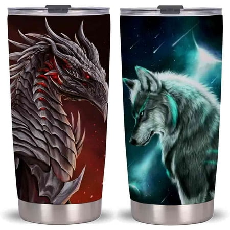 

20oz Dragon Wolf Battle Tumbler Cup With Lid Stainless Steel Double Wall Vacuum Thermos Insulated Travel Coffee Mug(Dragon Wolf Battle Tumbler) One Tumbler Cup