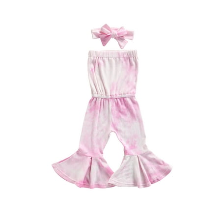 

Brilliantme Baby Girls Tie-dye Clothes Set Low-cut Flared Jumpsuit+Bow-knot Headband Summer Outfits