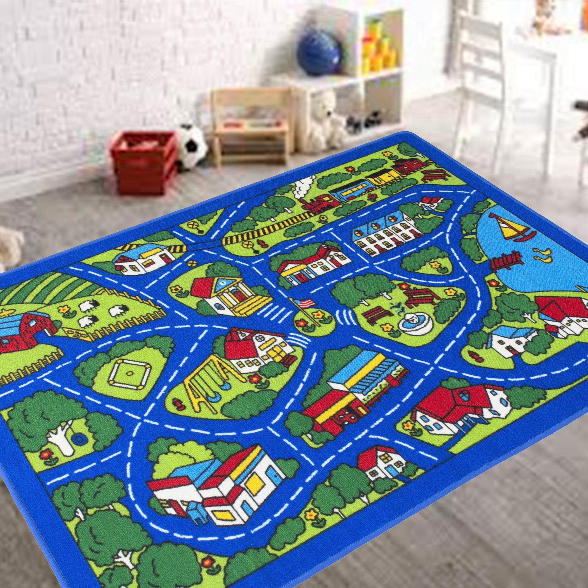 60" x 32" Details about   Kids Car Rug Town Road Map Carpet Playmat 