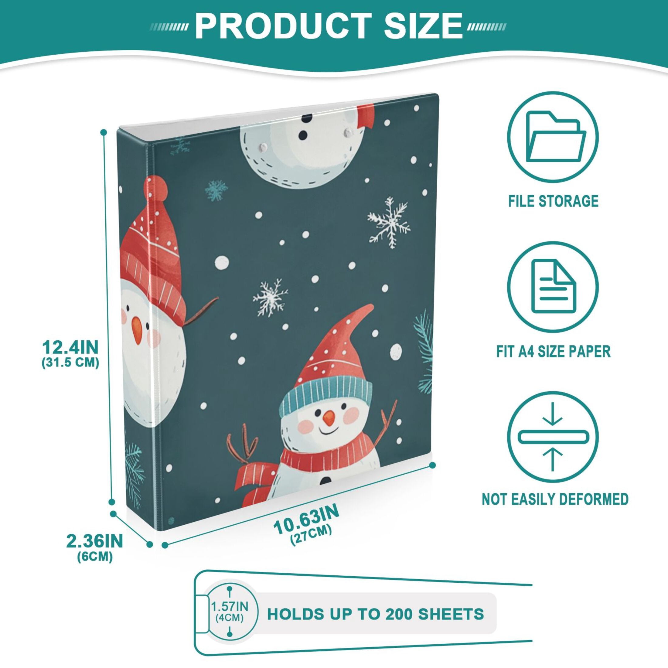 Snowman Christmas 3 Ring Binders 1.5 inch Hardcover File Folders with Interior Pockets A4 Size Organizer for School Office Hospital