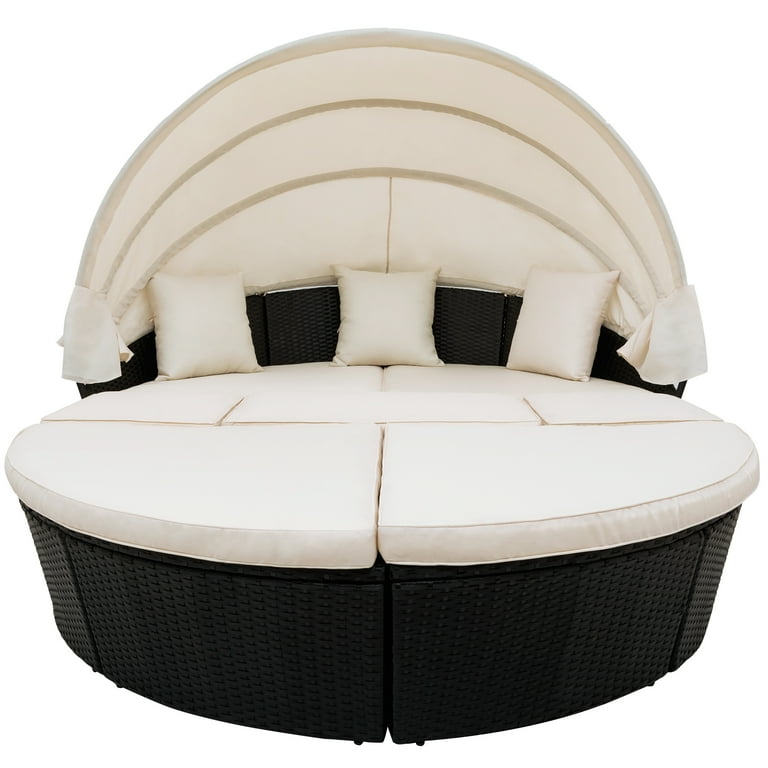 Outdoor rattan daybed sunbed with Retractable Canopy Wicker