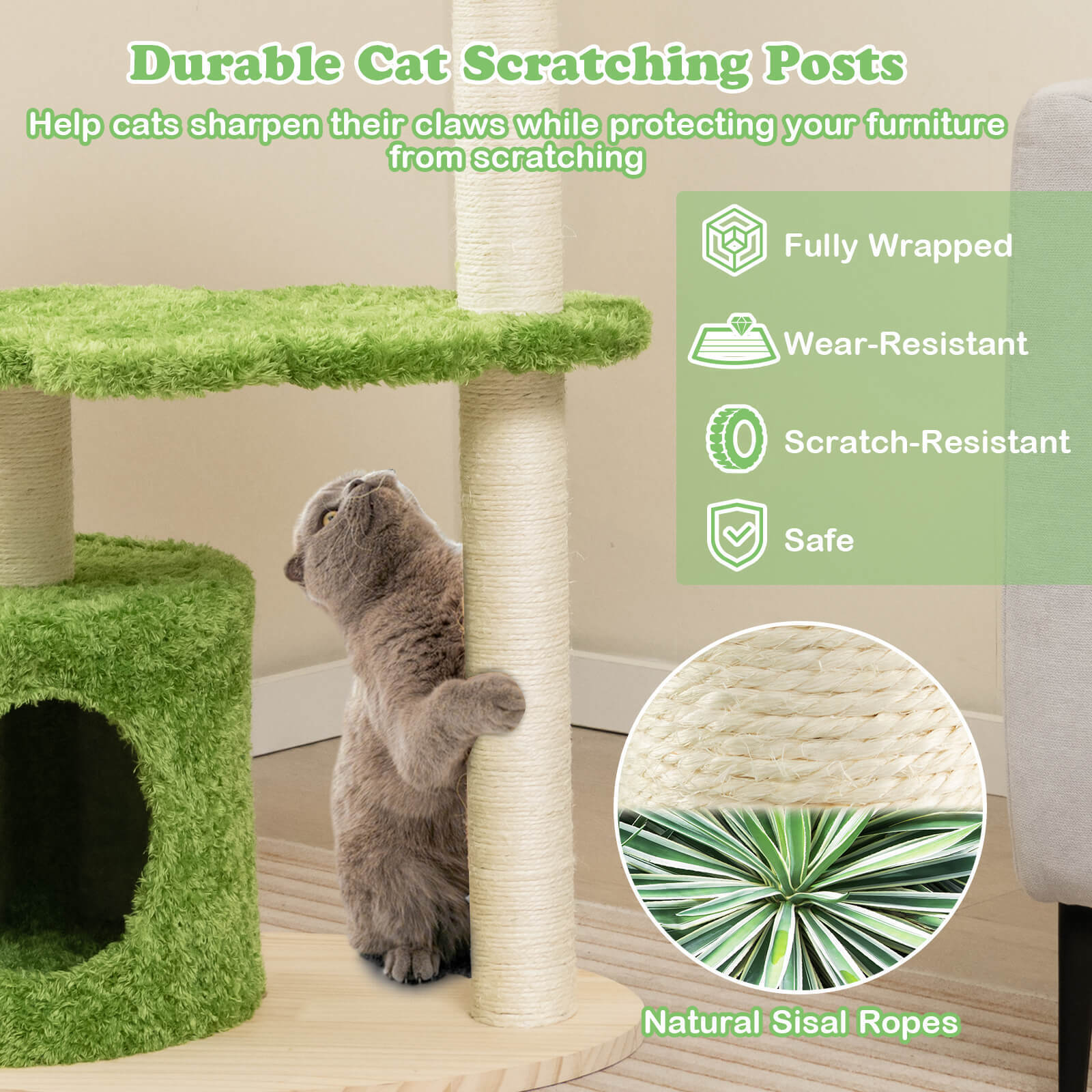 Amijoy Wooden Cat Tree, 38" Tall Cat Climbing Stand w/ Sisal Scratching Posts, Cat Condo, Top Perch, Solid Wood Base