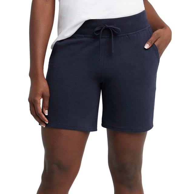 Pantalones cortos Hanes para mujer, jersey con bolsillo, cordón de 7 cm, entrepierna, azul marino