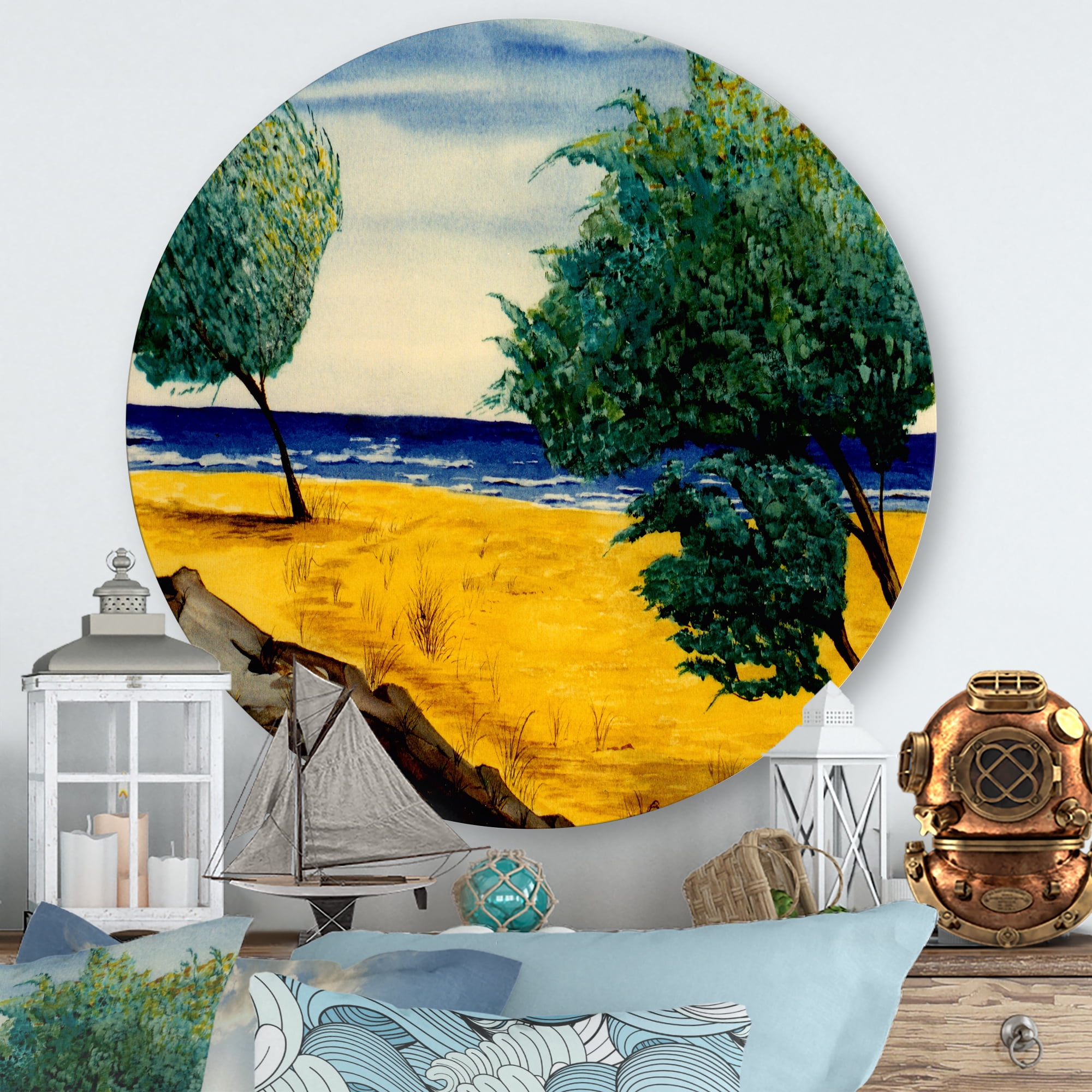 Designart 'Blue Beach By The Coastline' Nautical & Coastal Circle Metal Wall Art 23x23 - Disc of 23