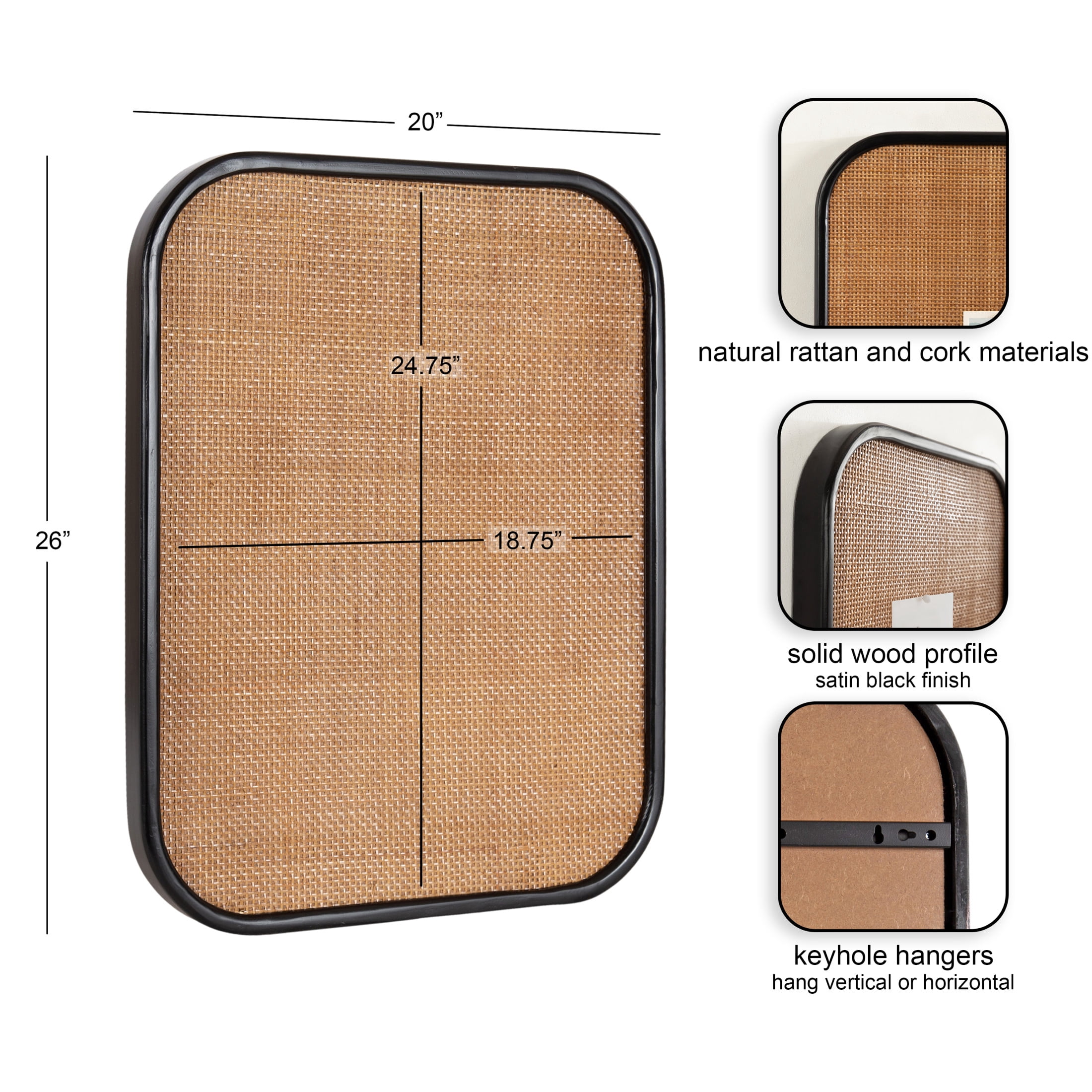 Kate and Laurel Planche Modern Rattan Wall Pinboard, 20 x 26, Black and Natural Rattan, Boho Rounded Rectangle Wall Organizer for Use as Cork Board, Vision Board, or Bulletin Board