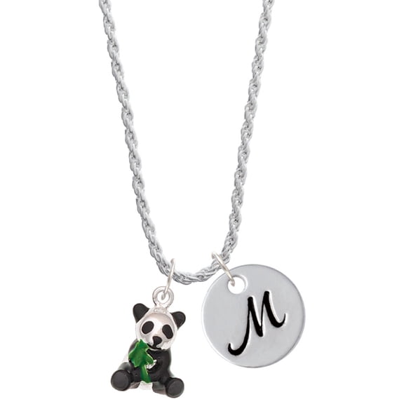 Delight Jewelry Silvertone Enamel Sitting Panda Silvertone Script Initial Disc - M - Charm Necklace, 20"+3"