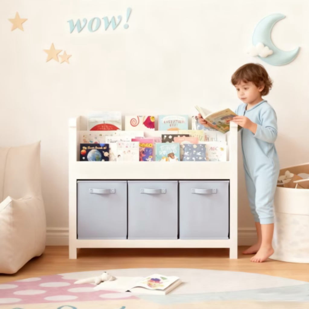 Kids Bookshelf with 3 Tier Front-Facing Storage & 3 Fabric Bins, Wooden Toddler Bookcase and Toy Organizer for Playroom, Nursery, Bedroom & Classroom