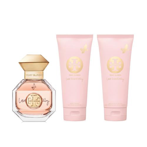 TORY BURCH LOVE RELENTLESSLY 3 PCS SET:  EAU DE PARFUM SPRAY and   BODY LOTION and  BATH and SHOWER GEL (HARD BOX) 